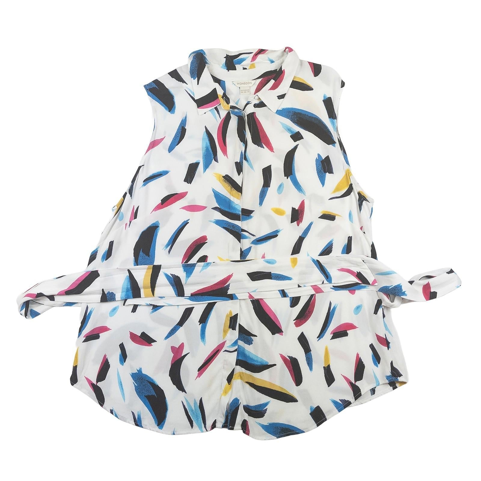 Monsoon Sleeveless Shirt Top UK 20 Multicolour Abstract Print Belted Blouse by Monsoon – | RewearableUK