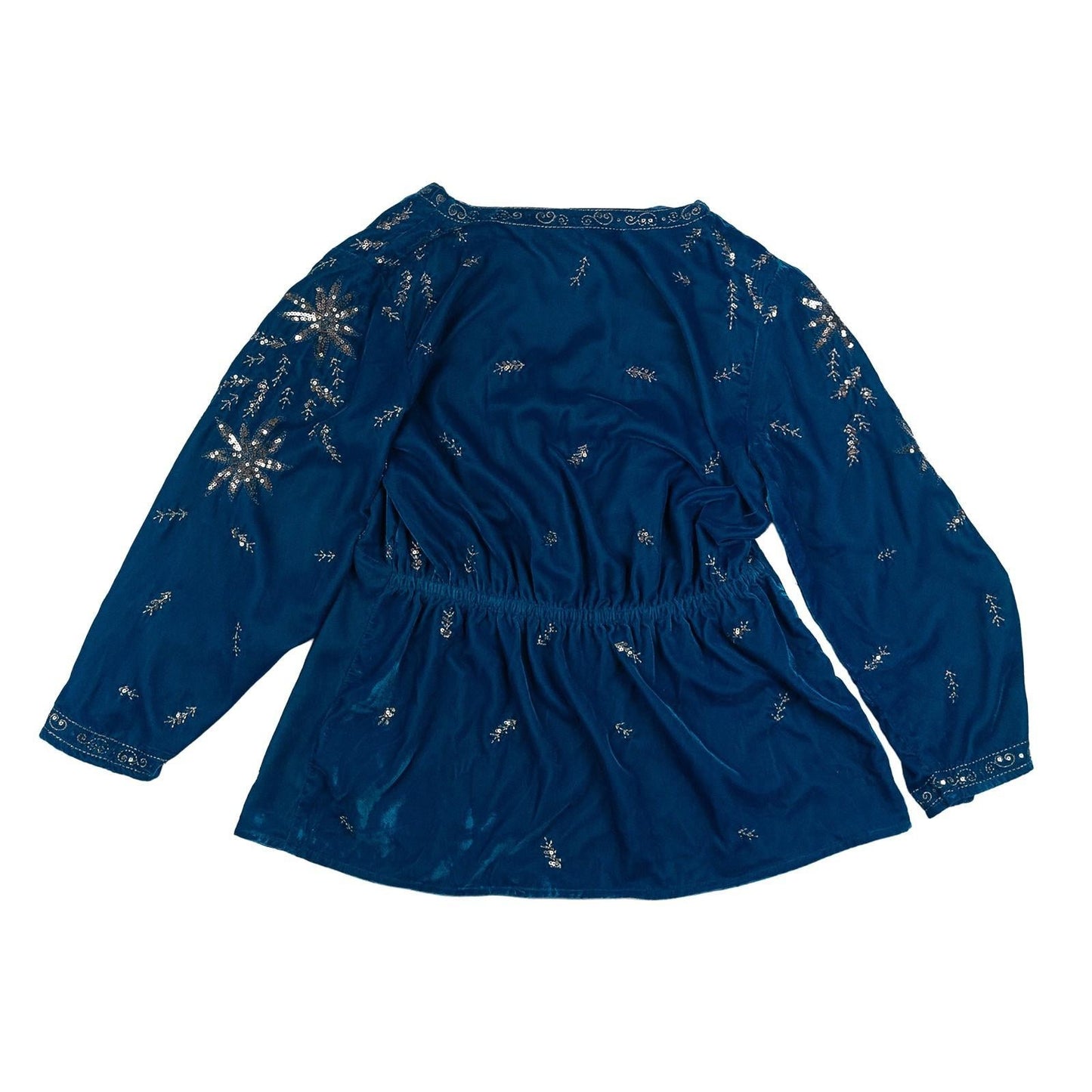 Monsoon Top UK 12 Teal Blue Velvet Sequin Embroidered Boho V - Neck Blouse by Monsoon – | RewearableUK