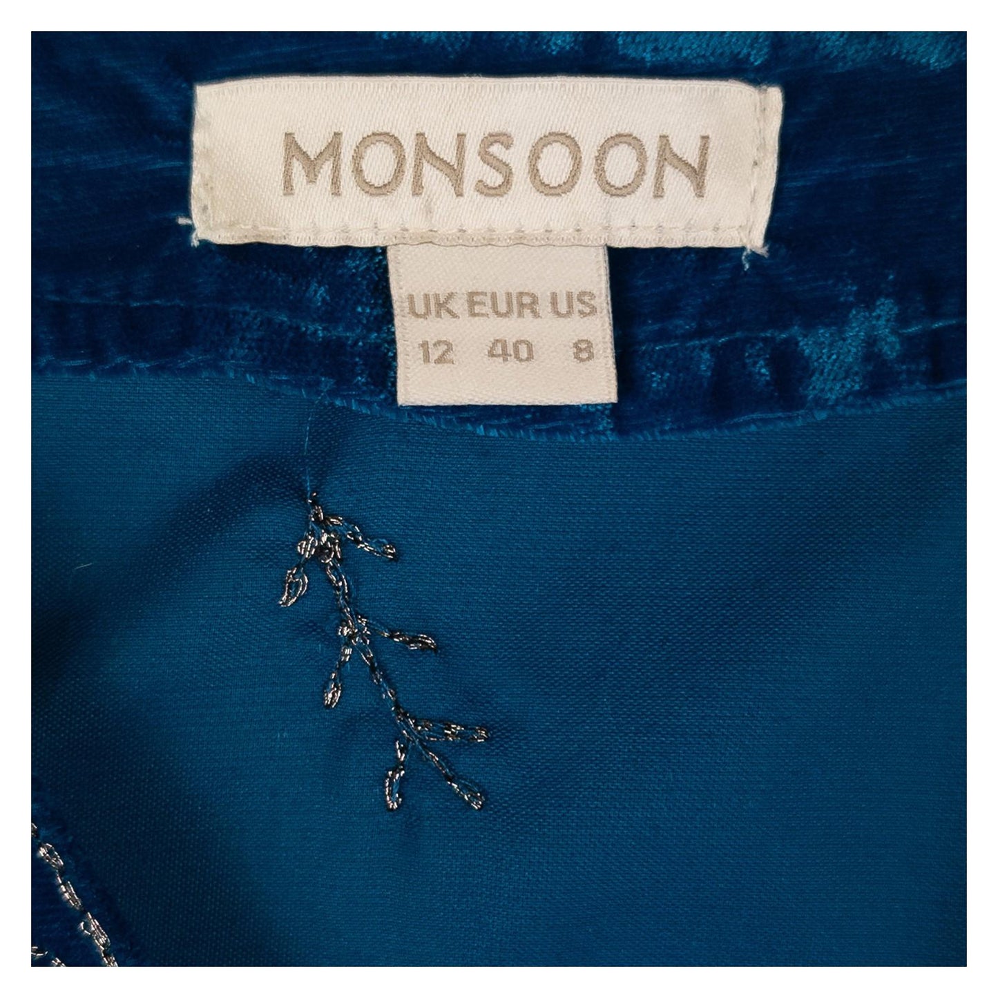 Monsoon Top UK 12 Teal Blue Velvet Sequin Embroidered Boho V - Neck Blouse by Monsoon – | RewearableUK