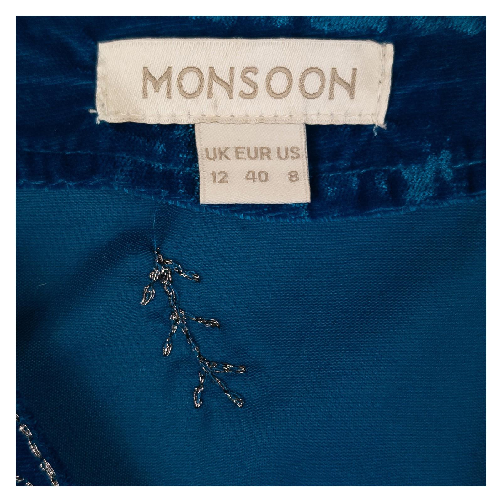 Monsoon Top UK 12 Teal Blue Velvet Sequin Embroidered Boho V - Neck Blouse by Monsoon – | RewearableUK