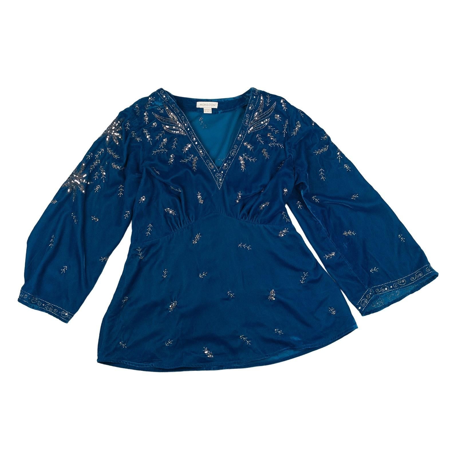 Monsoon Top UK 12 Teal Blue Velvet Sequin Embroidered Boho V - Neck Blouse by Monsoon – | RewearableUK