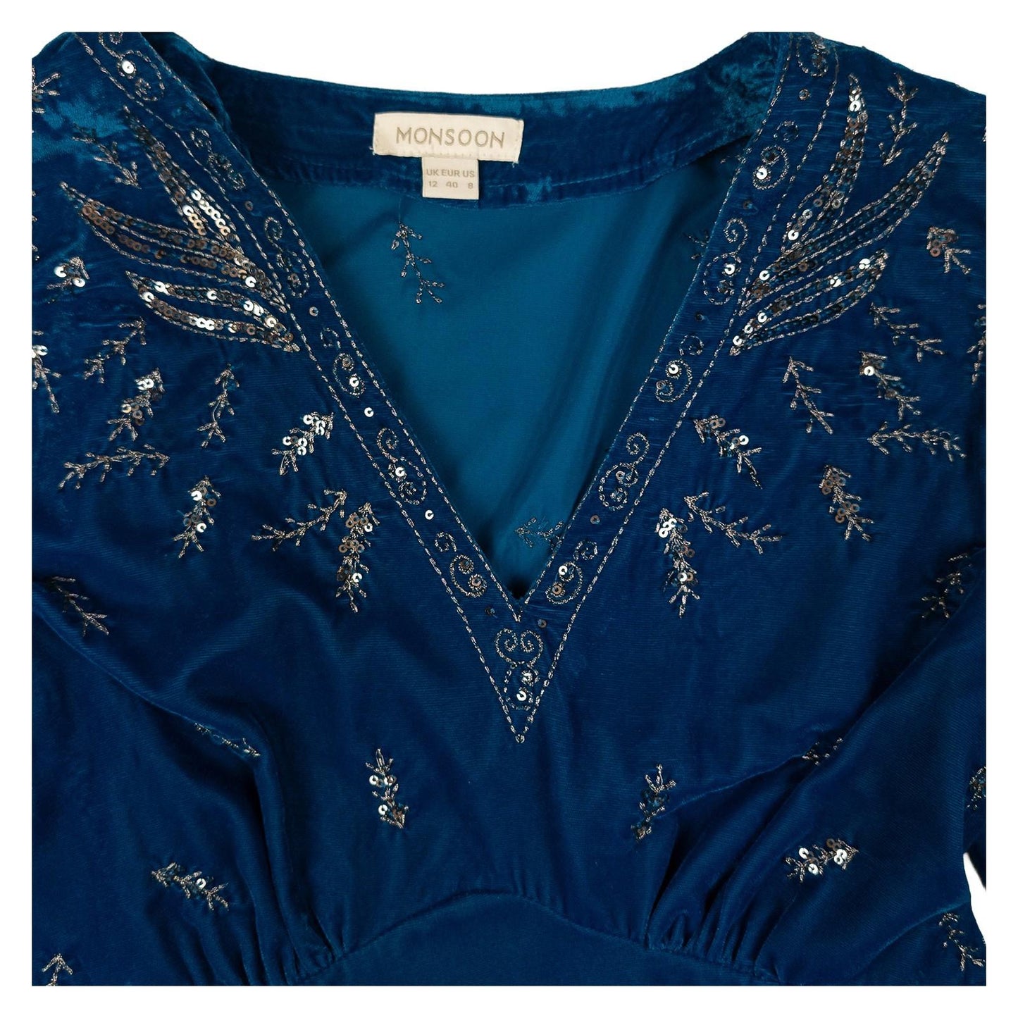 Monsoon Top UK 12 Teal Blue Velvet Sequin Embroidered Boho V - Neck Blouse by Monsoon – | RewearableUK