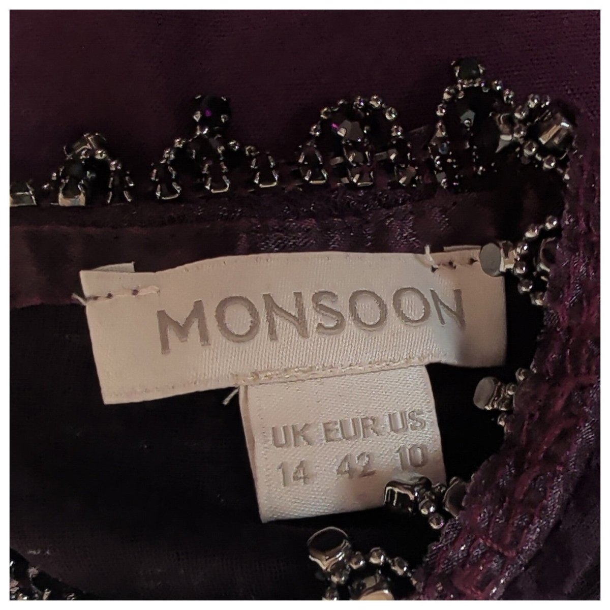 Monsoon Velvet Lace Beaded Midi Dress UK 14 Burgundy Occasion by Monsoon – | RewearableUK