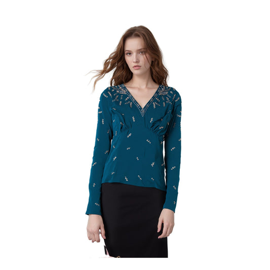 Monsoon Velvet Sequin Embroidered Top Teal Blue | Women's UK 12 by Monsoon – blouse | RewearableUK