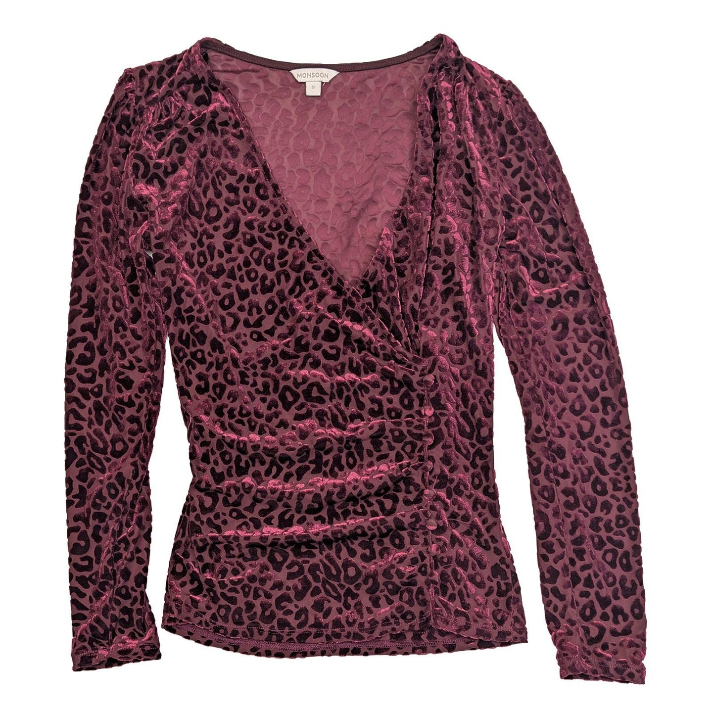 Monsoon Velvet Top Size S Berry Burgundy Leopard Print Wrap V - Neck Party Blouse by Monsoon – | RewearableUK