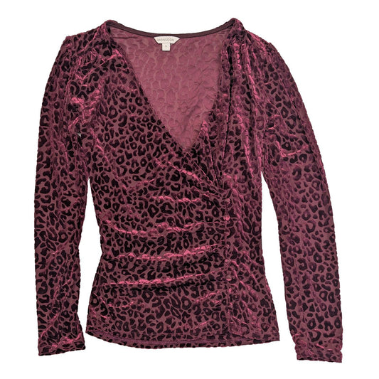 Monsoon Velvet Top Size S Berry Burgundy Leopard Print Wrap V - Neck Party Blouse by Monsoon – | RewearableUK