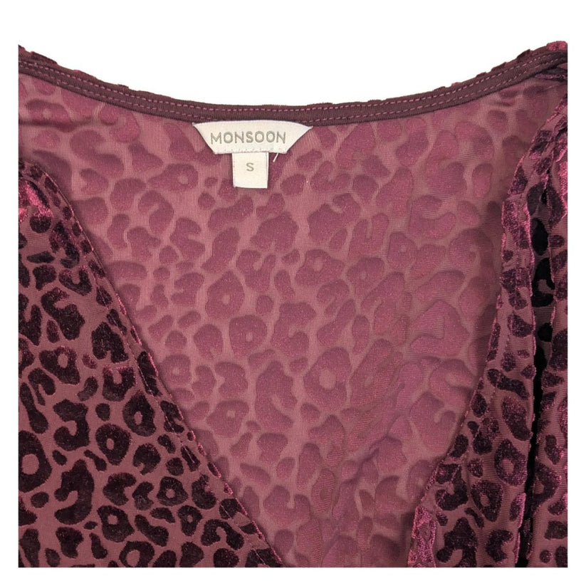 Monsoon Velvet Top Size S Berry Burgundy Leopard Print Wrap V - Neck Party Blouse by Monsoon – | RewearableUK