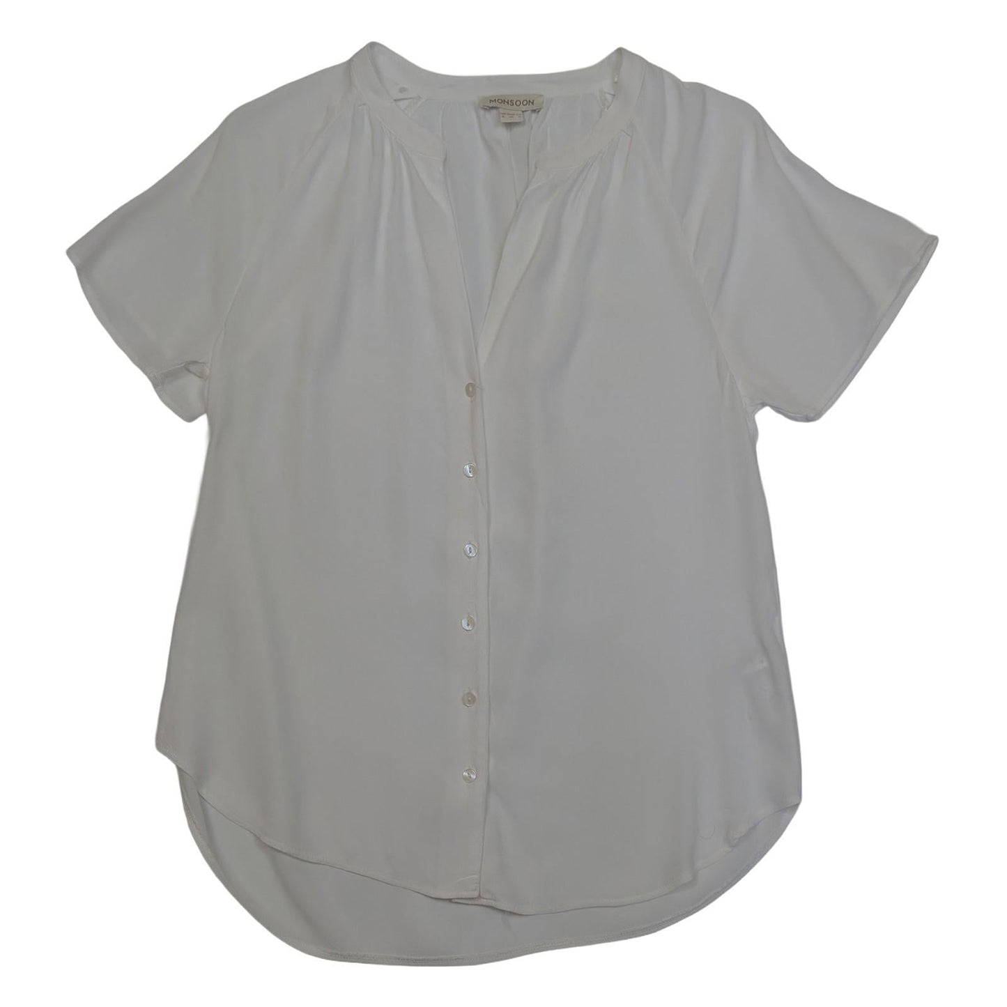 Monsoon White Blouse Size UK 8 US 4 Viscose Short Sleeve Button Down V - Neck Top by Monsoon – | RewearableUK