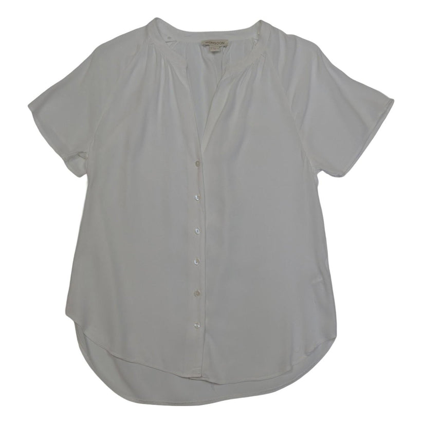 Monsoon White Blouse Size UK 8 US 4 Viscose Short Sleeve Button Down V - Neck Top by Monsoon – | RewearableUK