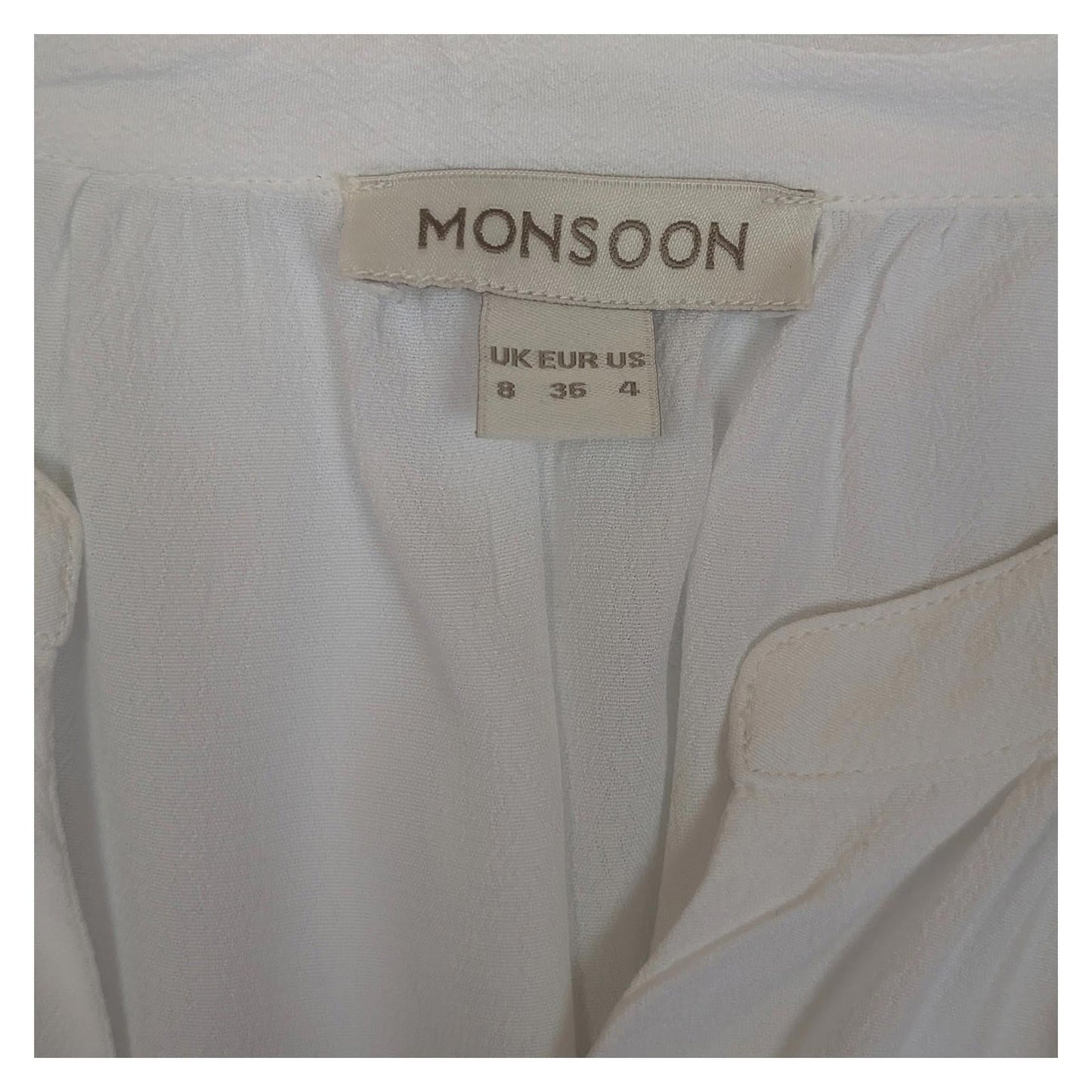 Monsoon White Blouse Size UK 8 US 4 Viscose Short Sleeve Button Down V - Neck Top by Monsoon – | RewearableUK