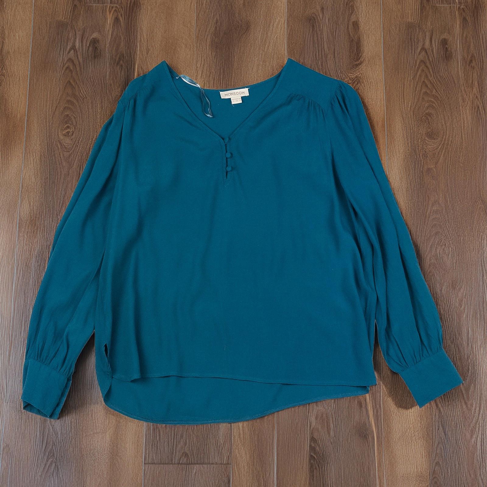 Monsoon Woman Teal Blouse Size UK 12 Viscose V - Neck Long Sleeve Button Casual by Monsoon – | RewearableUK