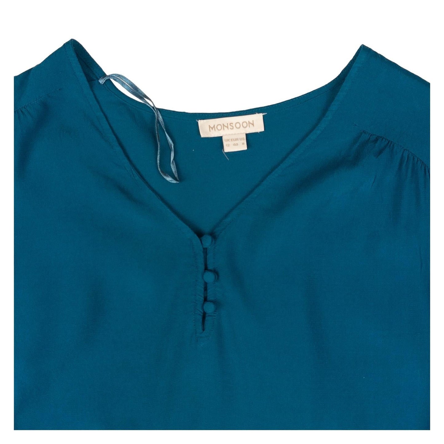 Monsoon Woman Teal Blouse Size UK 12 Viscose V - Neck Long Sleeve Button Casual by Monsoon – | RewearableUK