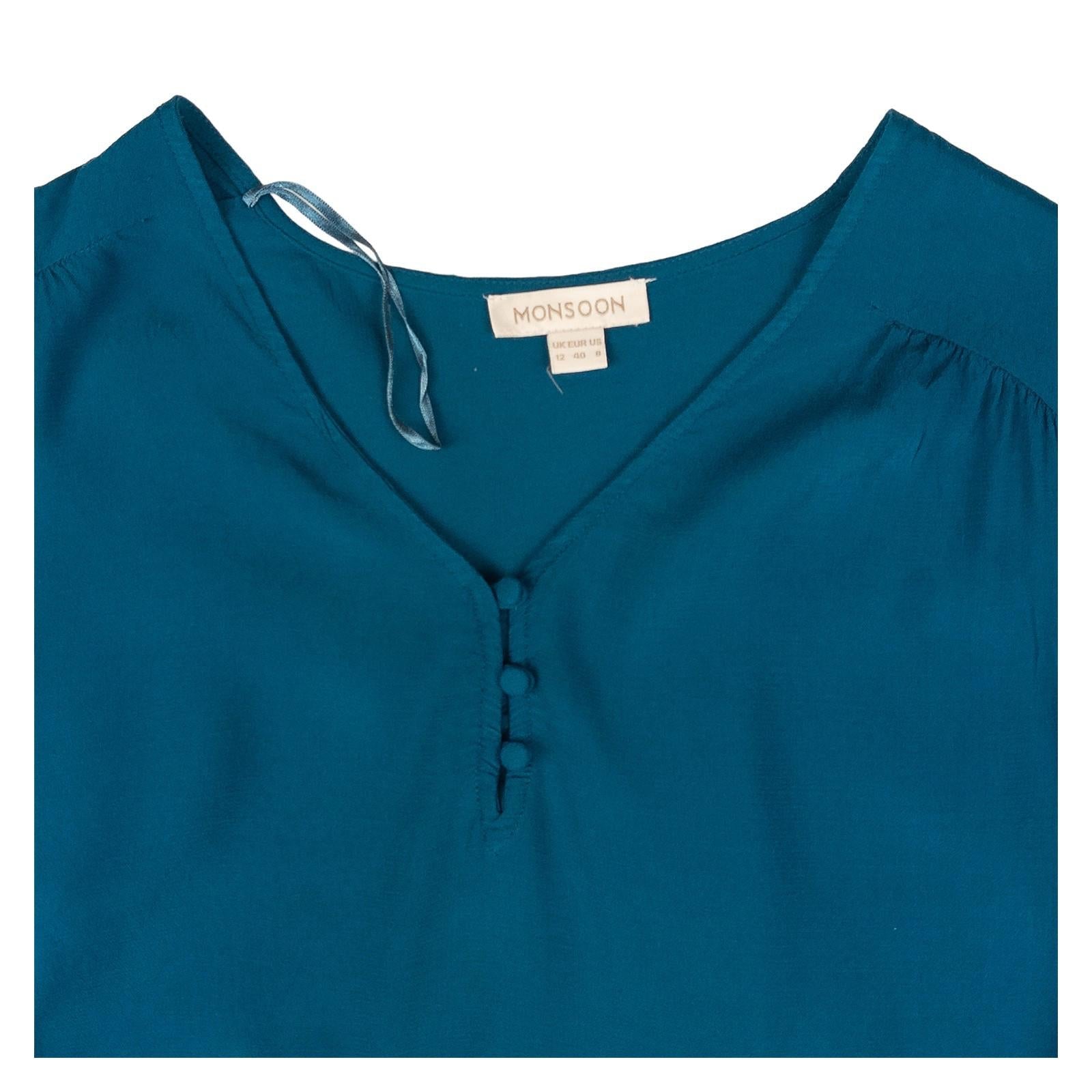 Monsoon Woman Teal Blouse Size UK 12 Viscose V - Neck Long Sleeve Button Casual by Monsoon – | RewearableUK