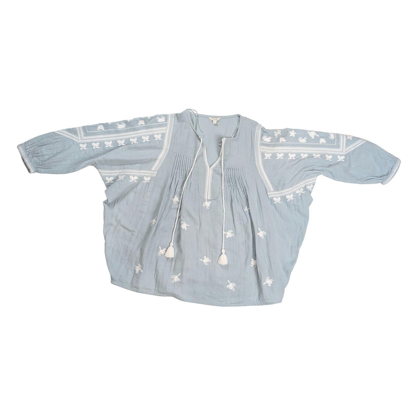 Monsoon Women's Blouse Size M Dusty Blue Embroidered Boho Tassel Cotton Top by Monsoon – | RewearableUK