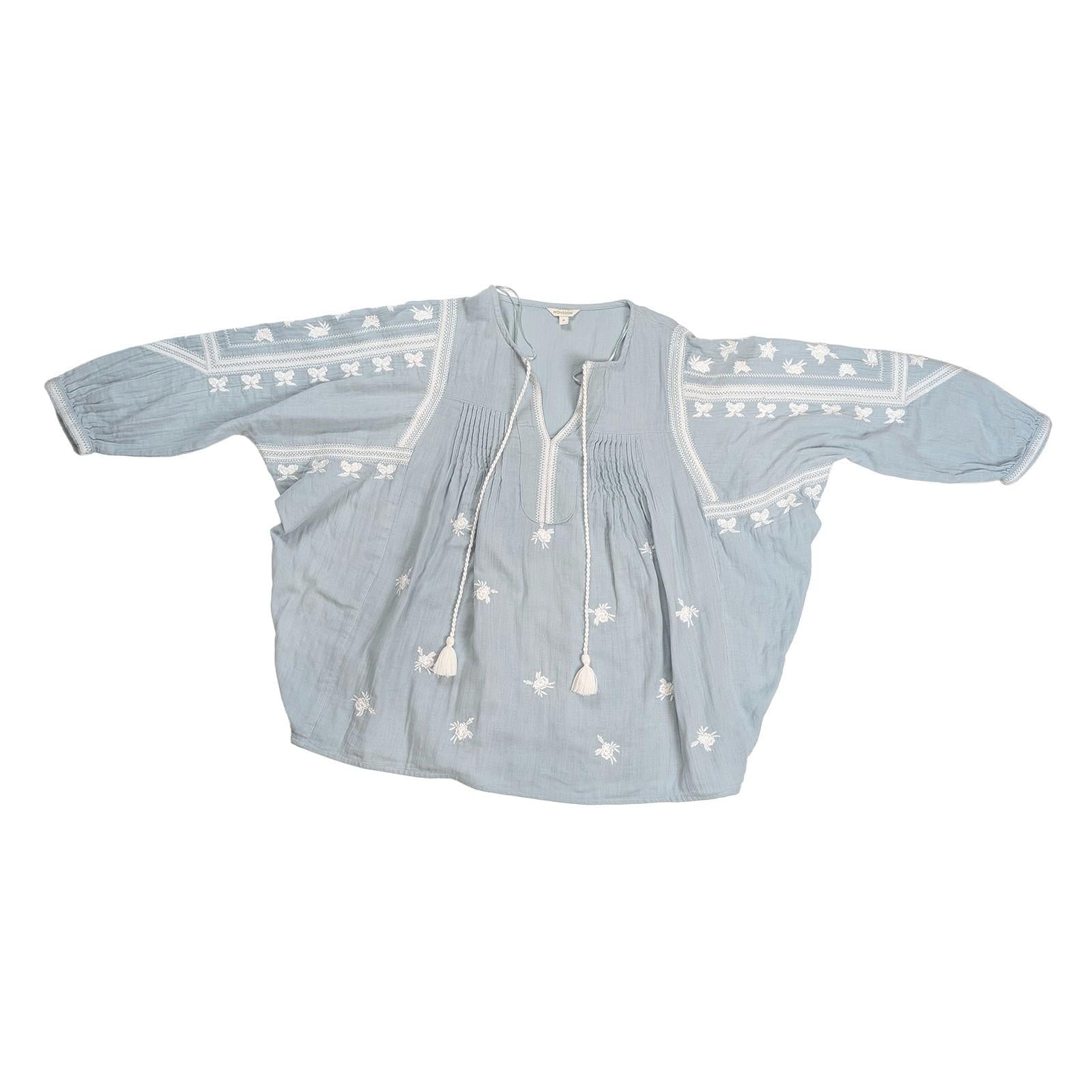Monsoon Women's Blouse Size M Dusty Blue Embroidered Boho Tassel Cotton Top by Monsoon – | RewearableUK