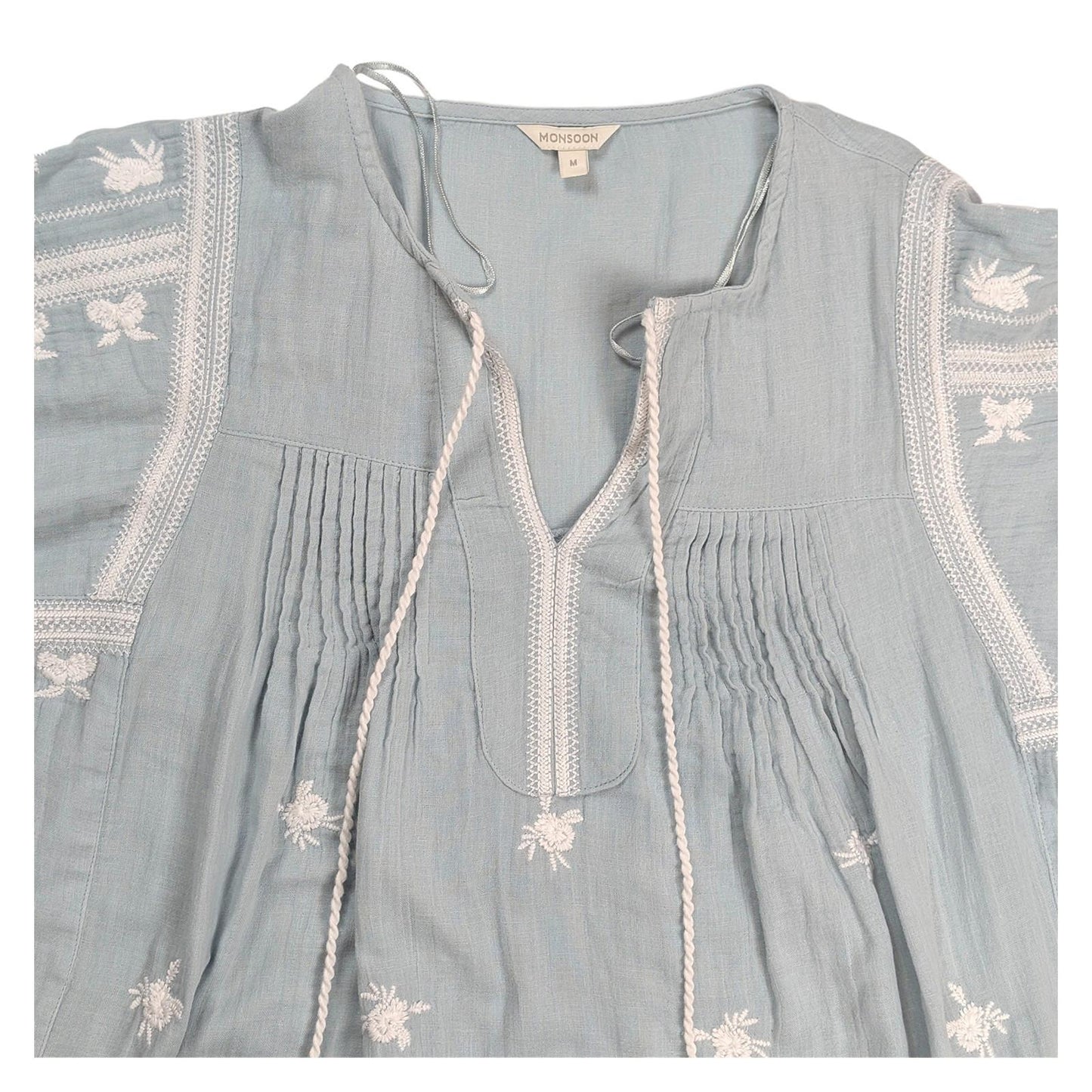 Monsoon Women's Blouse Size M Dusty Blue Embroidered Boho Tassel Cotton Top by Monsoon – | RewearableUK