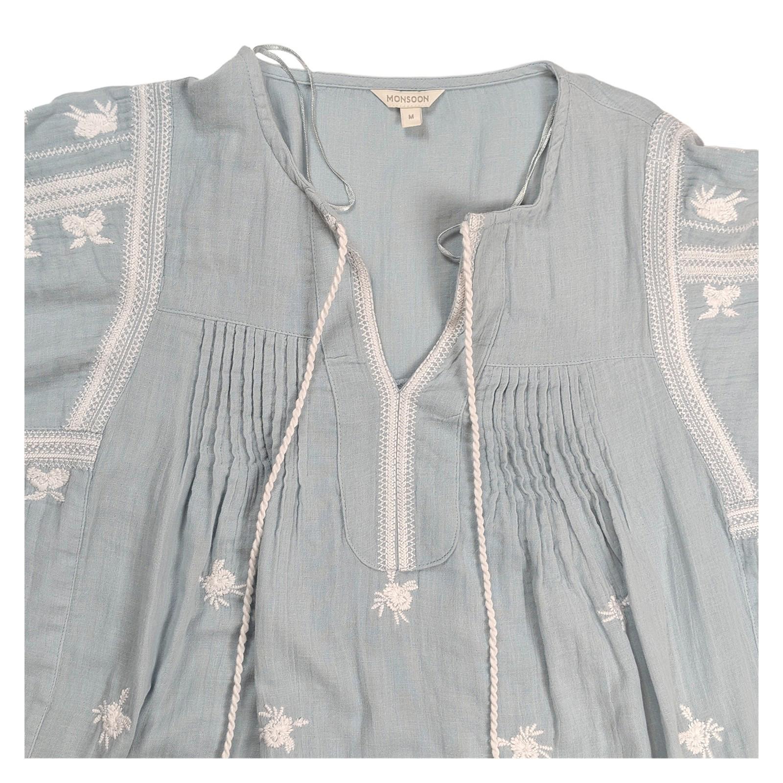 Monsoon Women's Blouse Size M Dusty Blue Embroidered Boho Tassel Cotton Top by Monsoon – | RewearableUK