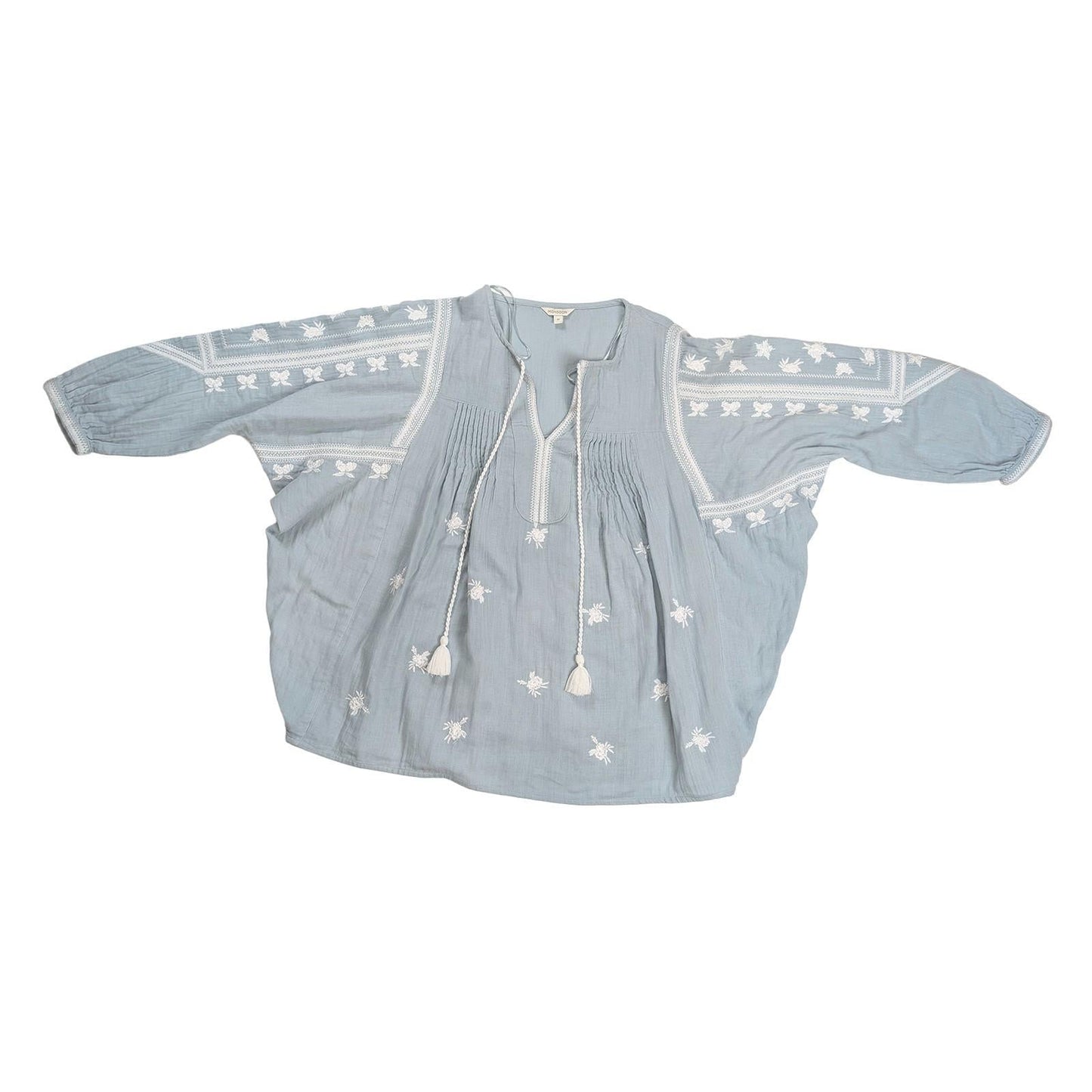 Monsoon Women's Blouse Size M Dusty Blue Embroidered Boho Tassel Cotton Top by Monsoon – | RewearableUK