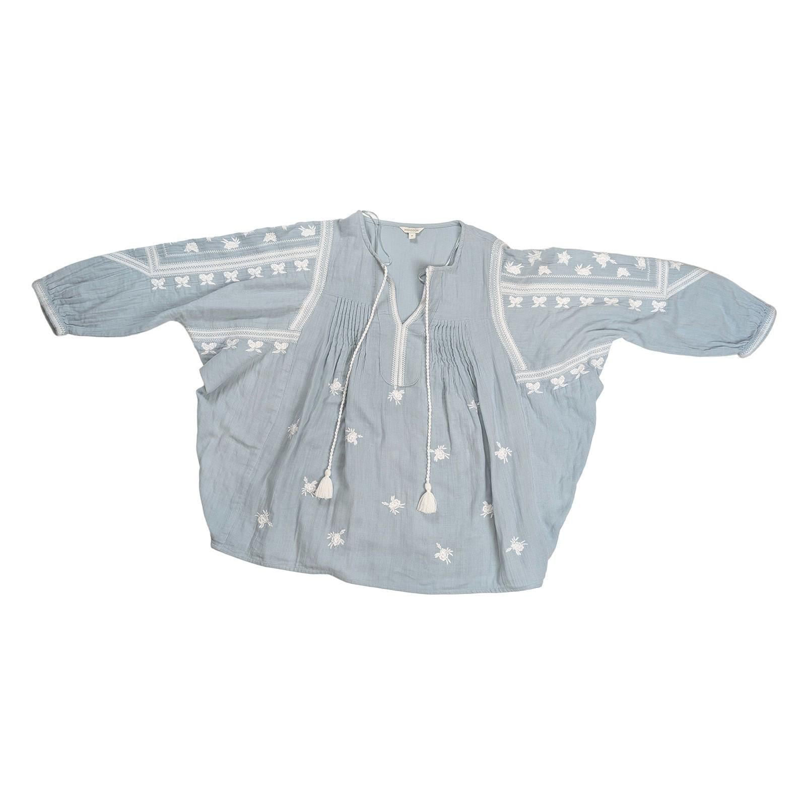 Monsoon Women's Blouse Size M Dusty Blue Embroidered Boho Tassel Cotton Top by Monsoon – | RewearableUK