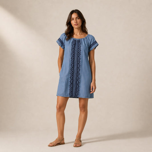 Monsoon Womens Blue Chambray Embroidered Boho Shift Dress Size M by Monsoon – blouse | RewearableUK