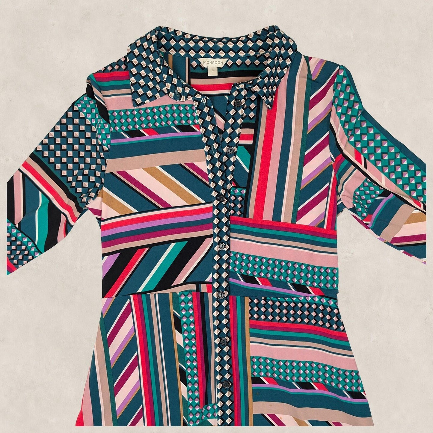 monsoon womens multicolour geometric striped long sleeve shirt dress size s by Monsoon – | RewearableUK