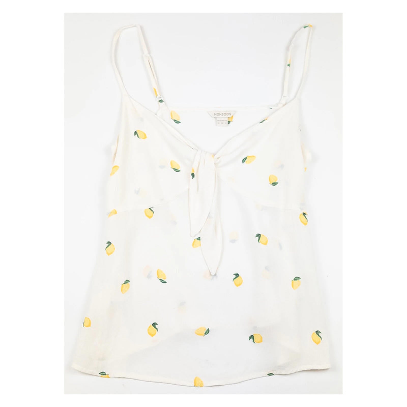 Monsoon Womens Top UK 10 White Lemon Print Viscose Cami Vest Tie Front Summer by Monsoon – | RewearableUK