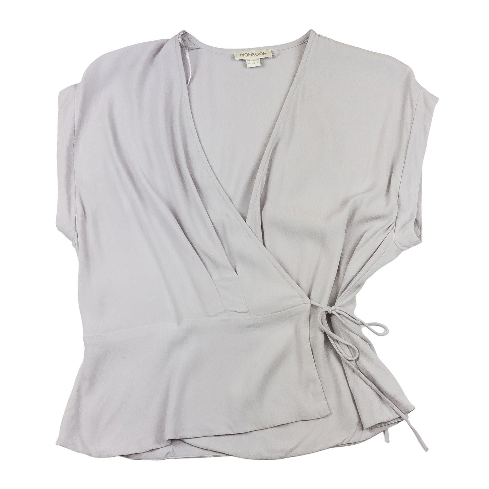 Monsoon Wrap Top UK 14 Grey Lilac V - Neck Short Sleeve Blouse Side Tie by Monsoon – | RewearableUK
