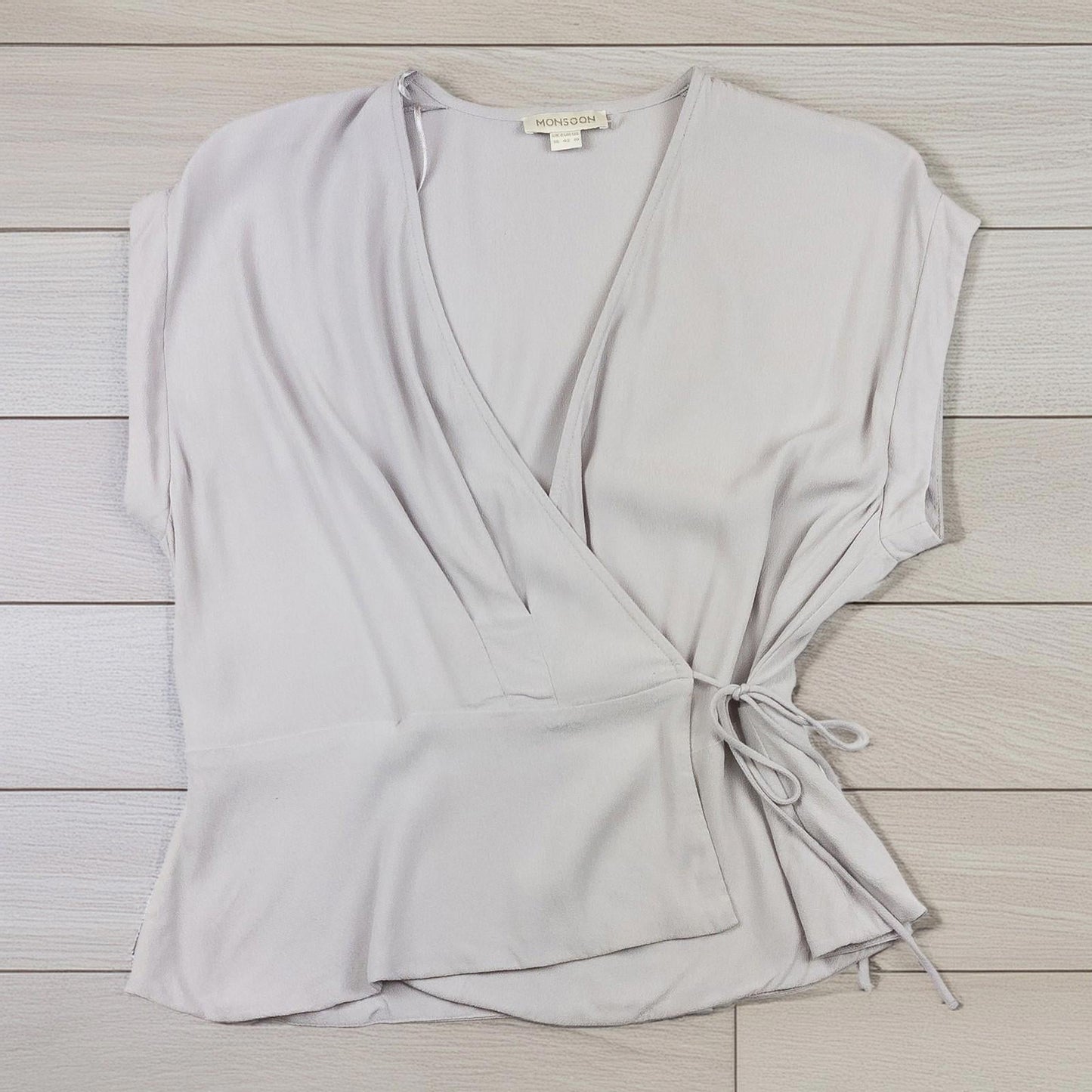 Monsoon Wrap Top UK 14 Grey Lilac V - Neck Short Sleeve Blouse Side Tie by Monsoon – | RewearableUK