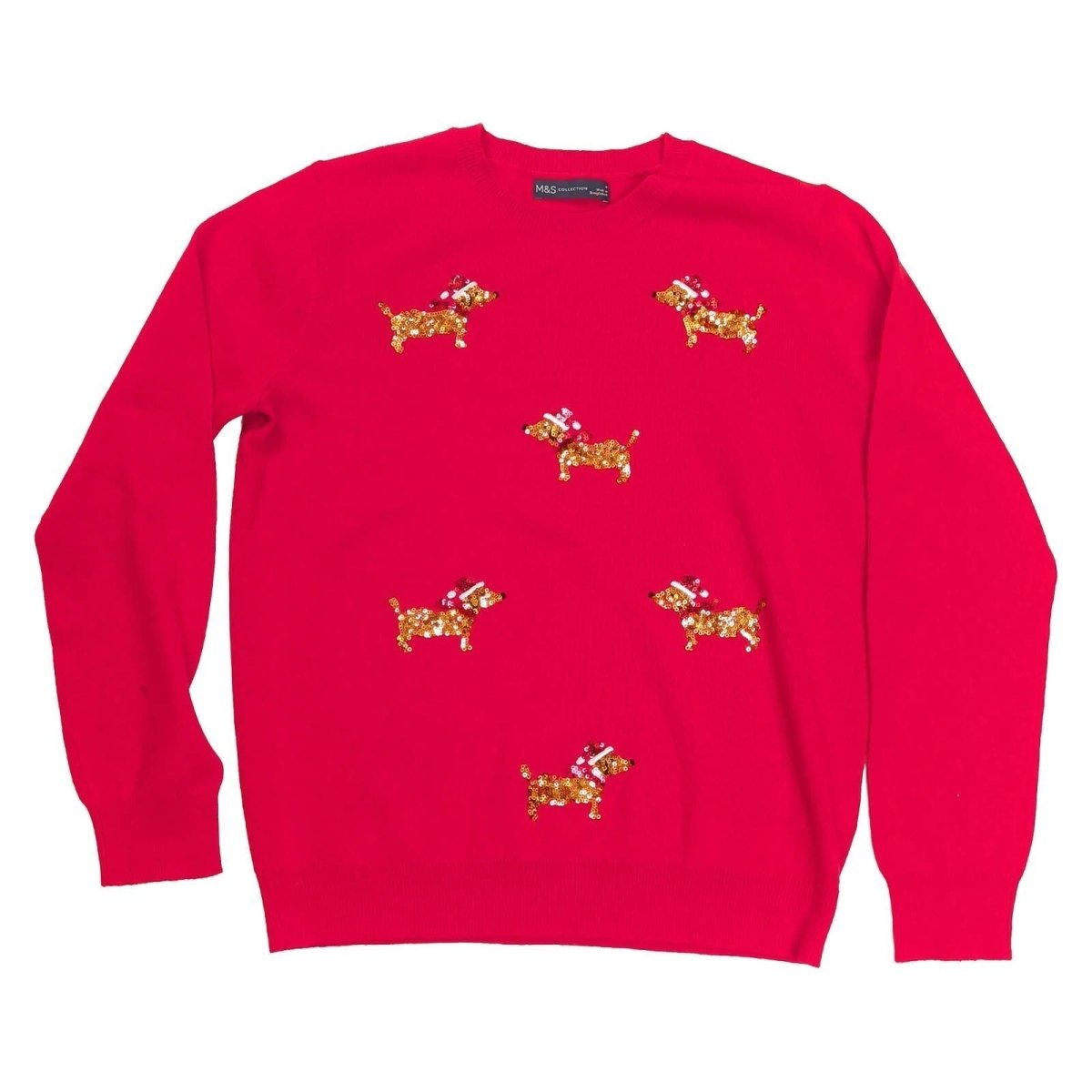 M&S Women's Christmas Jumper M Red Sequin Dachshund Knit – Christmas Jumper product photo 1 | RewearableUK