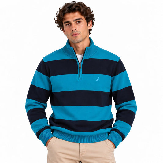 Nautica Men's Blue Navy Striped Half Zip Jumper XXL – Jumper product photo 1 | RewearableUK