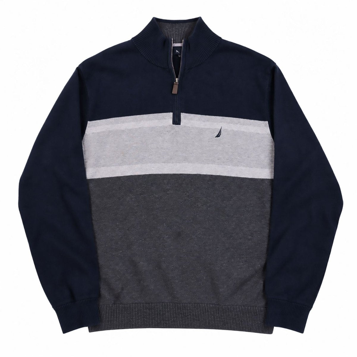 Nautica Men's Jumper XXL Navy Grey Embroidered Striped 100% Cotton – product photo 1 | RewearableUK