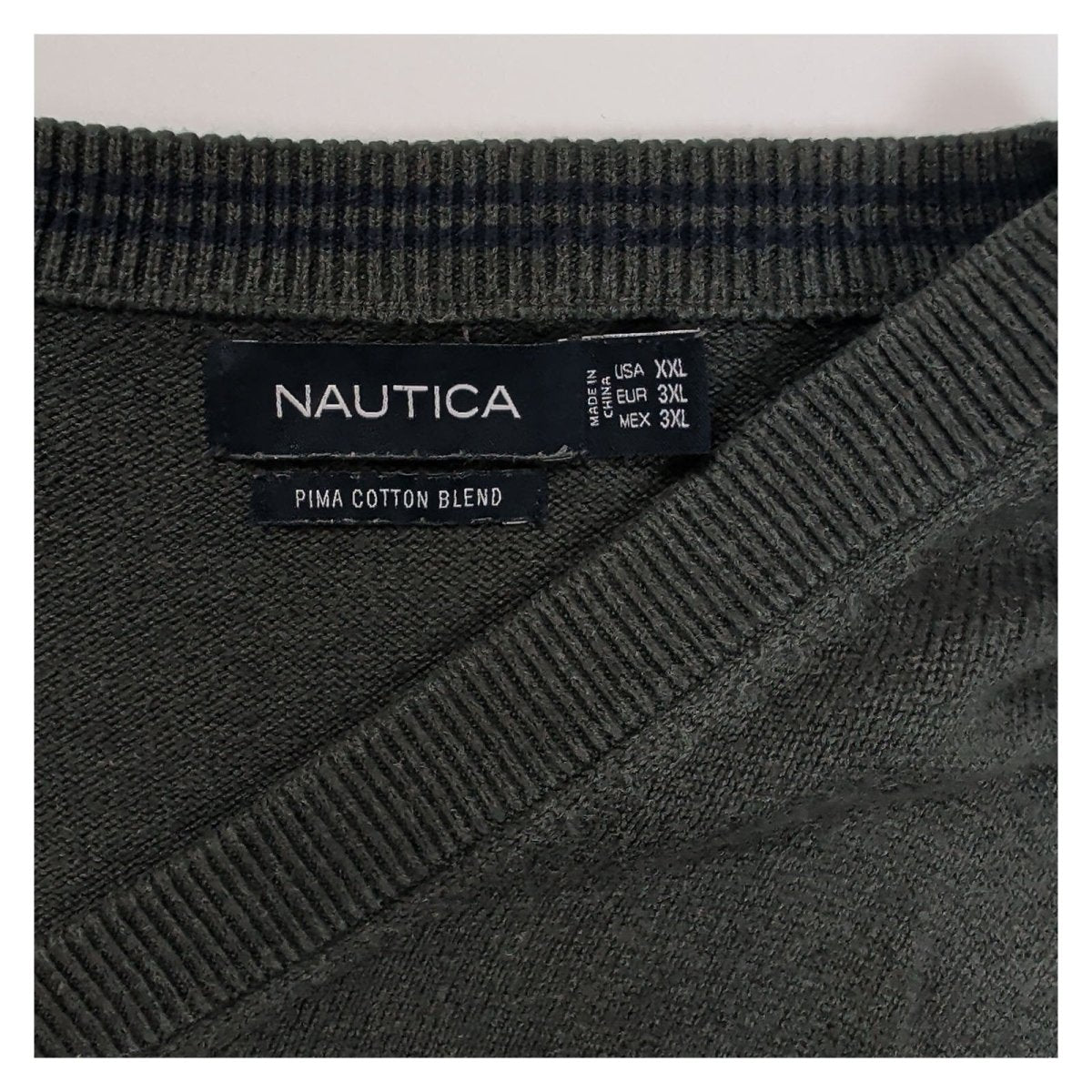 Nautica Men's Jumper XXXL (EU) / XXL (US) Dark Green V-Neck Pima Cotton Blend – product photo 3 | RewearableUK