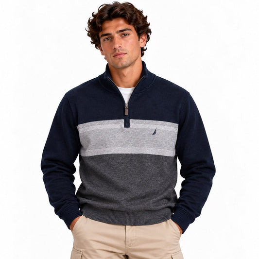Nautica Men's Navy Grey Striped Half Zip Jumper XXXL – Jumper product photo 1 | RewearableUK