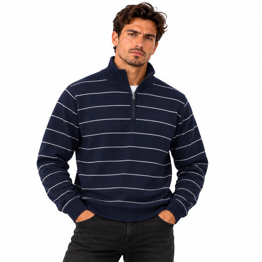 Nautica Men's Navy Striped Quarter-Zip Jumper L Cotton Embroidered Ribbed Cuffs – Jumper product photo 1 | RewearableUK