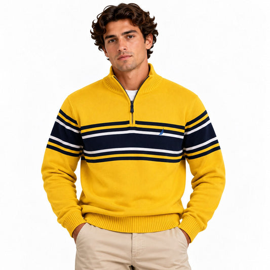 Nautica Men's Yellow Striped Quarter Zip Jumper XXXL – Jumper product photo 1 | RewearableUK