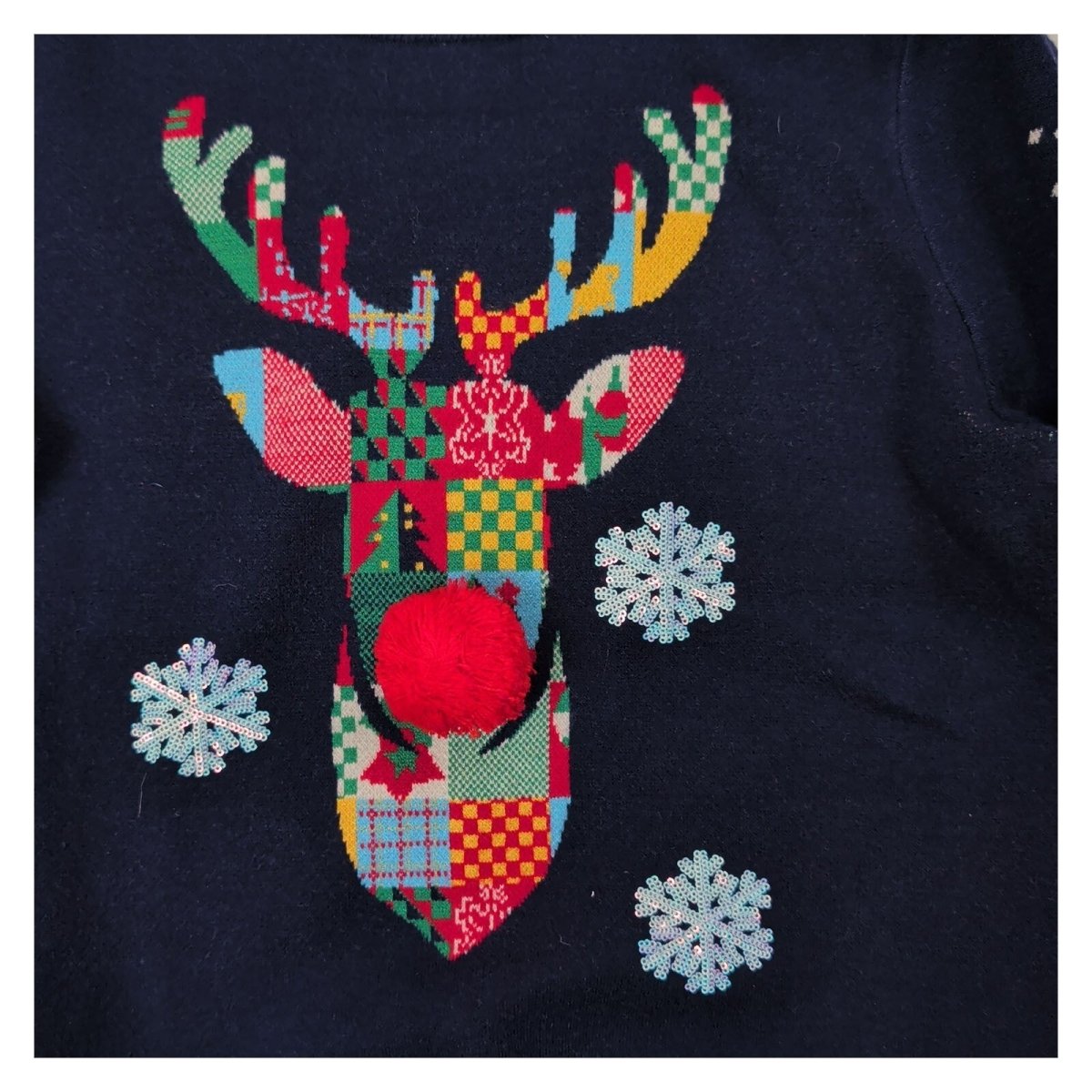 Next Womens Reindeer Christmas Jumper 14 Navy Sequin Pom Nose Stripe Trim – product photo 2 | RewearableUK