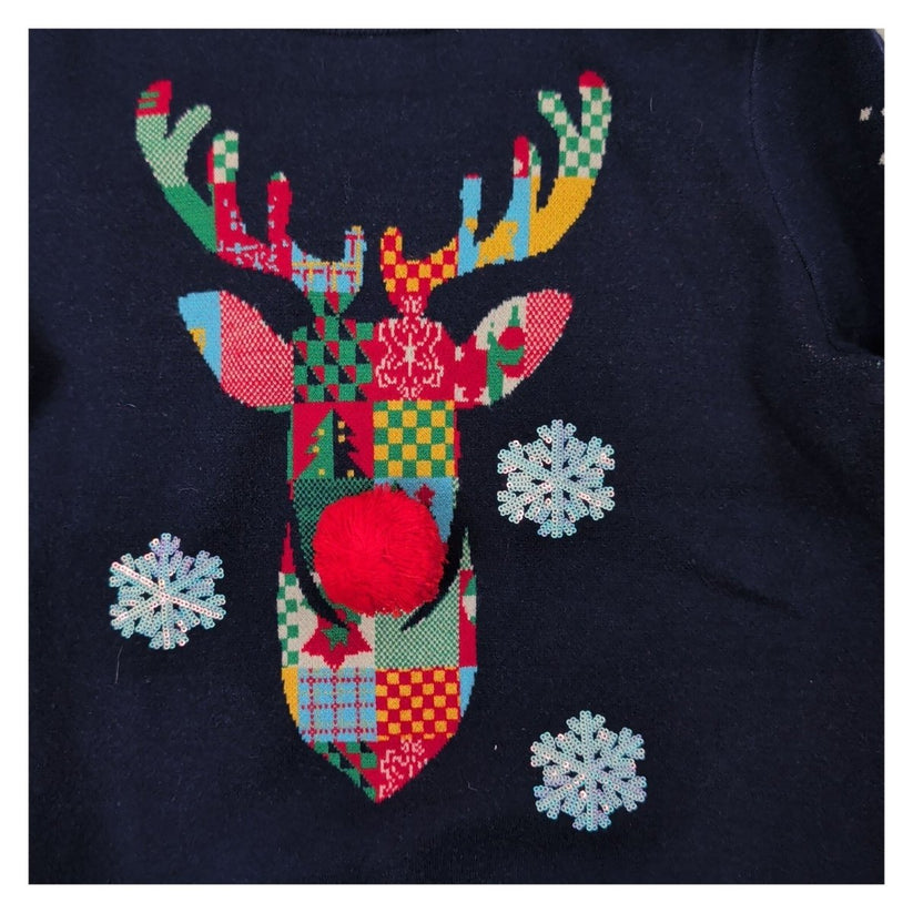 Next Womens Reindeer Christmas Jumper 14 Navy Sequin Pom Nose Stripe Trim – product photo 2 | RewearableUK