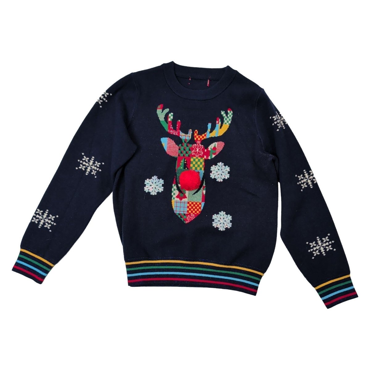 Next Womens Reindeer Christmas Jumper 14 Navy Sequin Pom Nose Stripe Trim – product photo 1 | RewearableUK