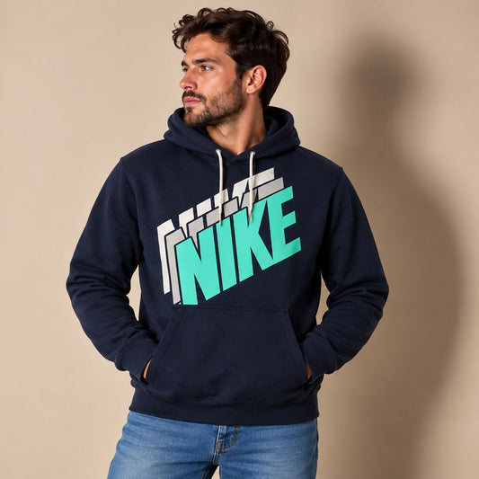 Nike Men's Graphic Logo Hoodie XL Navy Teal White Cotton Blend Pullover – Hoodie product photo 1 | RewearableUK