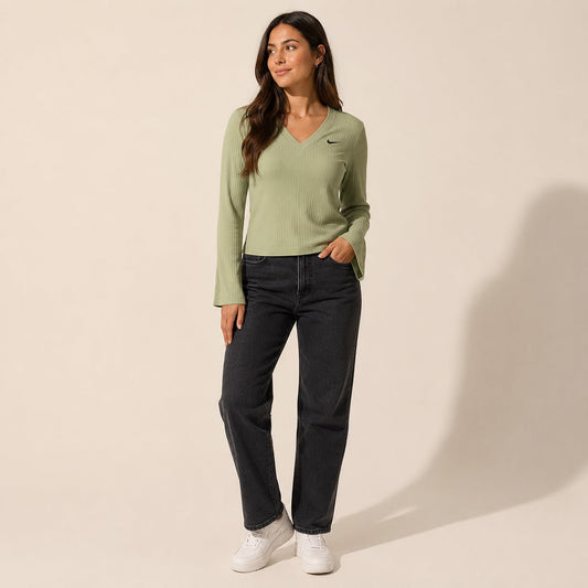 Nike Ribbed V-Neck Top Size S Oil Green Flared Sleeve – Top product photo 1 | RewearableUK