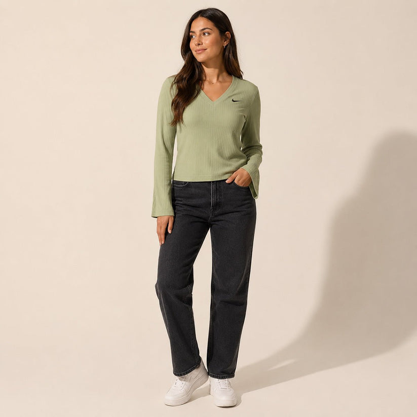 Nike Ribbed V-Neck Top Size S Oil Green Flared Sleeve – Top product photo 1 | RewearableUK