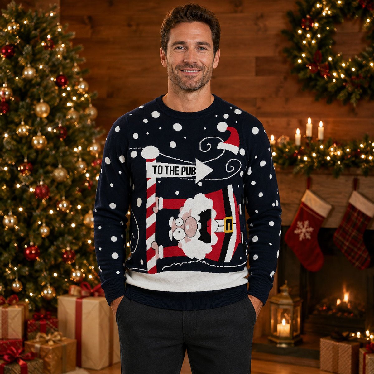 NUOROZIE To The Pub Santa Christmas Jumper M Navy – Christmas Jumper product photo 1 | RewearableUK