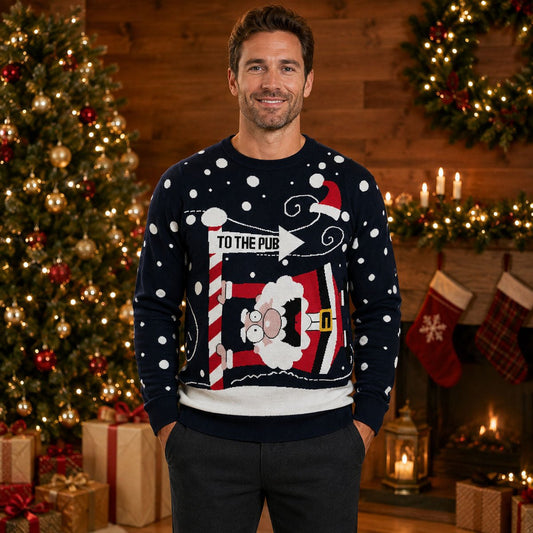 NUOROZIE To The Pub Santa Christmas Jumper M Navy – Christmas Jumper product photo 1 | RewearableUK