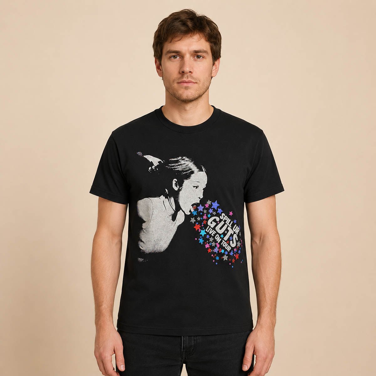 Olivia Rodrigo Spill Ur GUTS 2024 Tour T-Shirt S Black Official – Music T-Shirt product photo 1 | RewearableUK