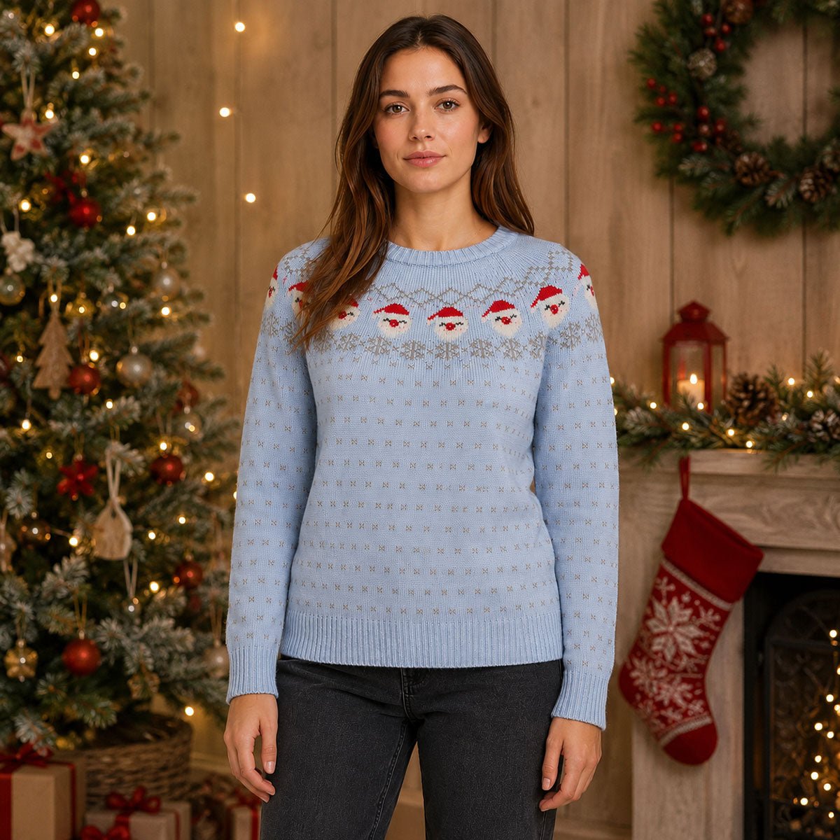 Peacocks Santa Christmas Jumper M Light Blue Sequin Nose – Christmas Jumper product photo 1 | RewearableUK