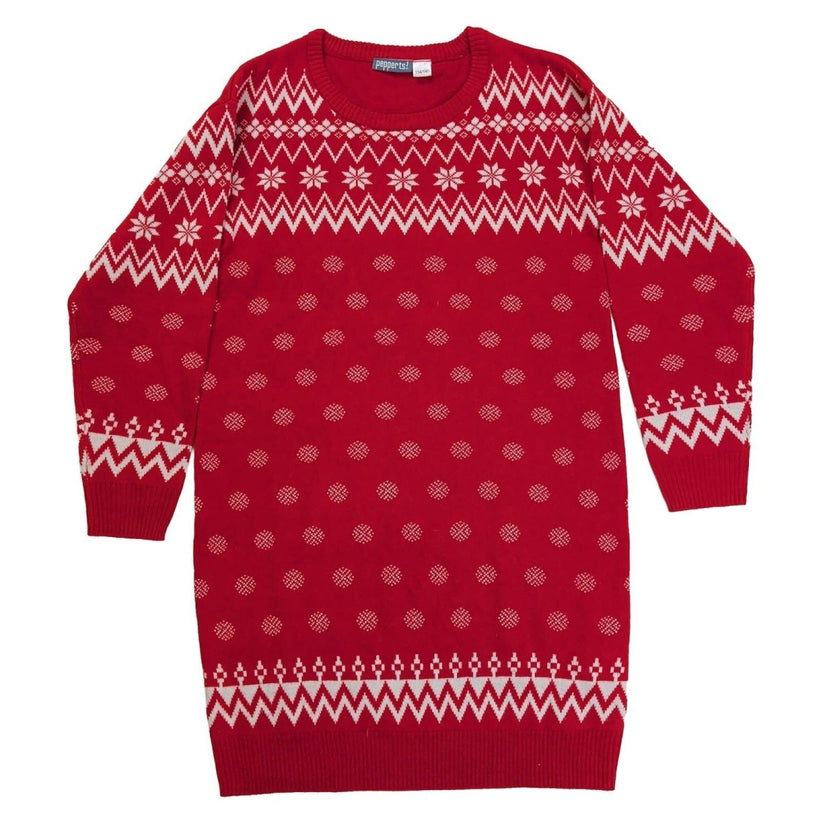 Pepperts Girls Red Fair Isle Christmas Jumper Dress Age 8-10 Longline Knit | RewearableUK