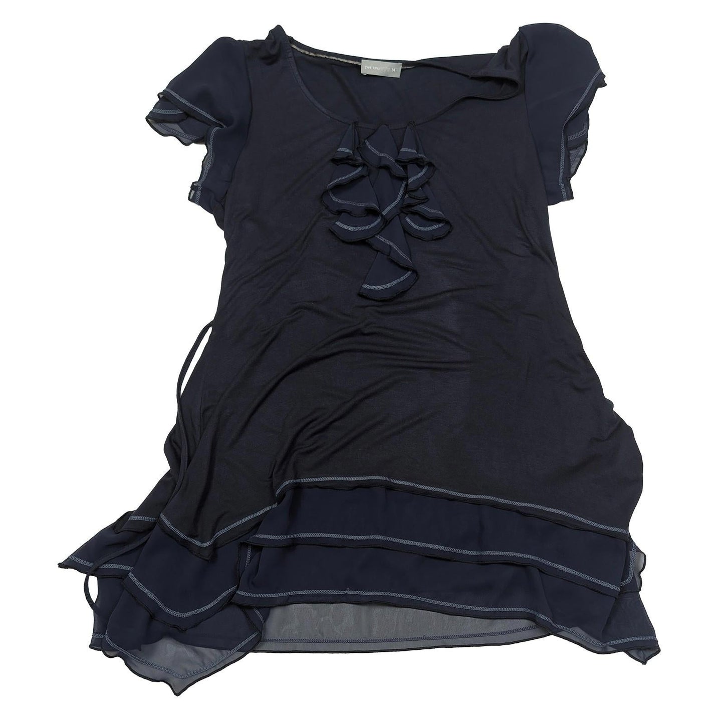 Per Una Navy Blue Ruffle Tunic Top Size UK 14 Layered Chiffon Hem Jersey Blouse by Per Una – | RewearableUK