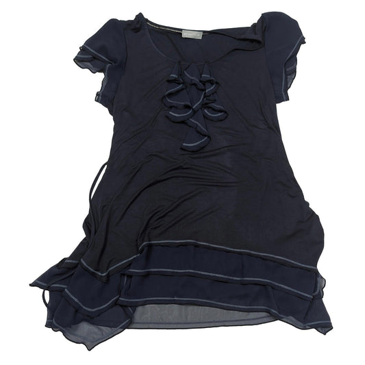 Per Una Navy Blue Ruffle Tunic Top Size UK 14 Layered Chiffon Hem Jersey Blouse by Per Una – | RewearableUK