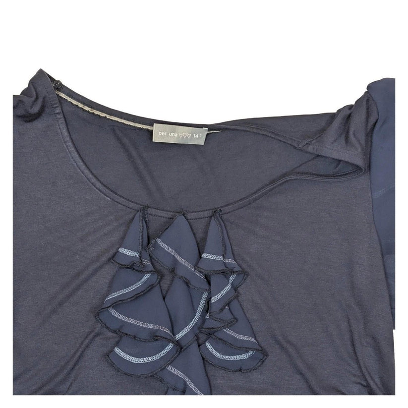 Per Una Navy Blue Ruffle Tunic Top Size UK 14 Layered Chiffon Hem Jersey Blouse by Per Una – | RewearableUK