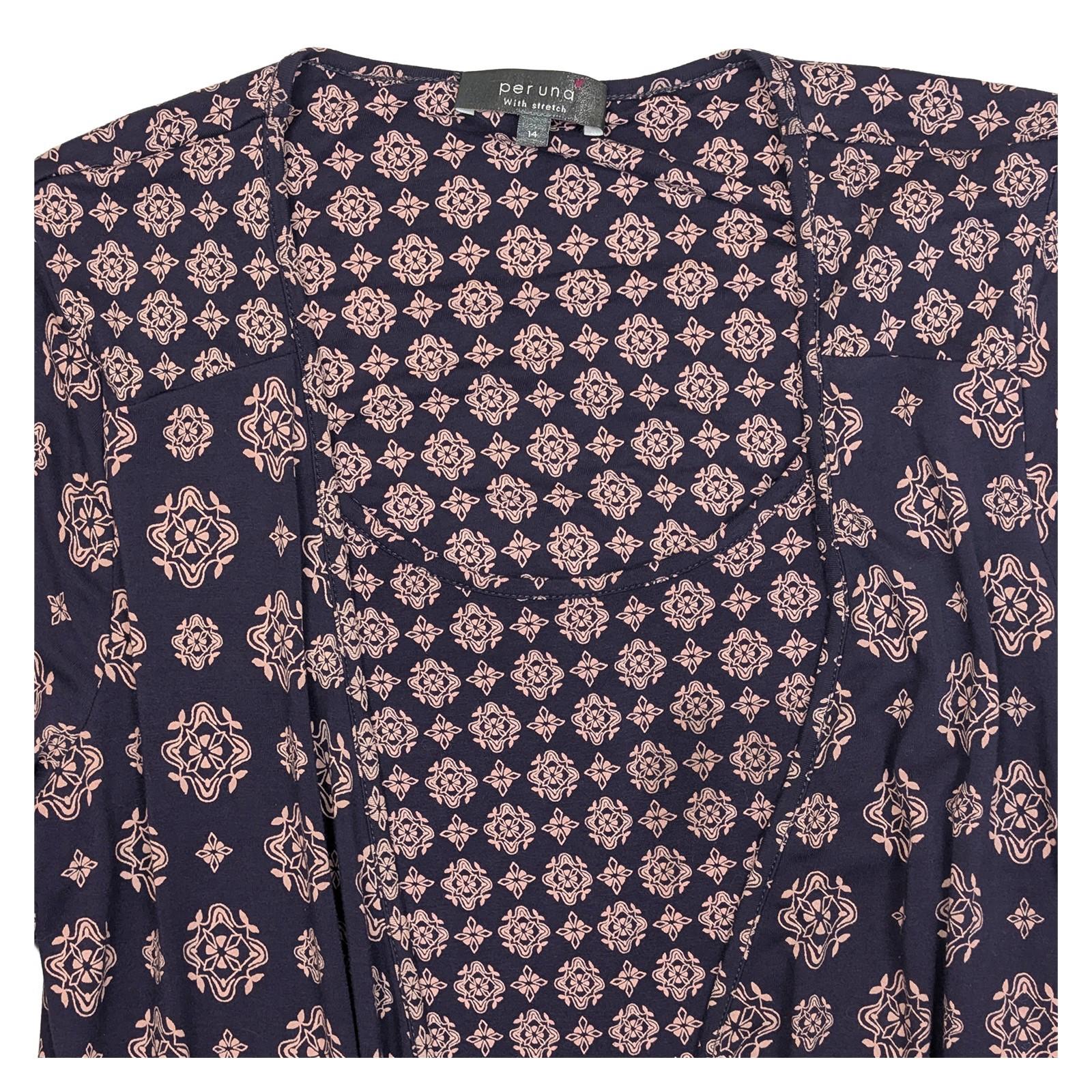 Per Una Navy Pink Faux Wrap Top Size UK 14 Stretch Floral Geometric 3/4 Sleeve by Marks & Spencer – | RewearableUK